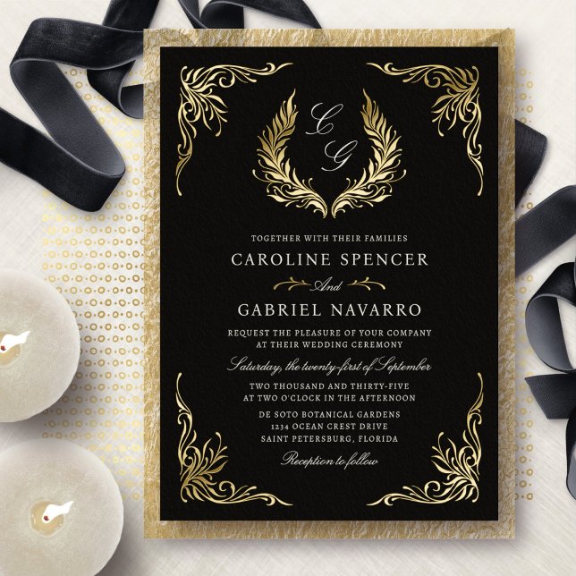 Monogram Laurel Wreath Elegant Wedding Foil Invitation (Creator Uploaded)