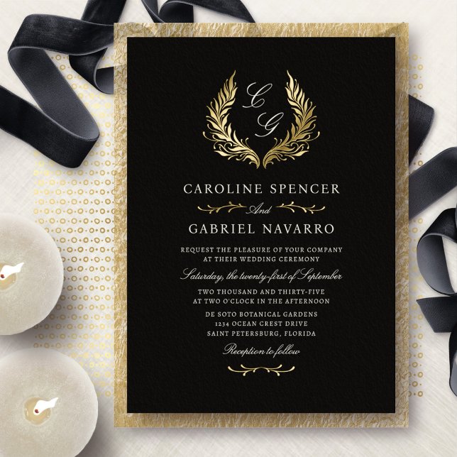 Monogram Laurel Wreath Elegant Wedding Foil Invitation (Creator Uploaded)
