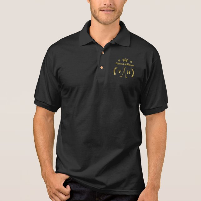 Monogram Laurel Wreath Golf Clubs Crown Name Gold Polo Shirt (Front)