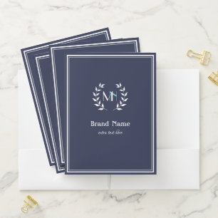 Monogram Laurel Wreath Navy Blue Pocket Folder