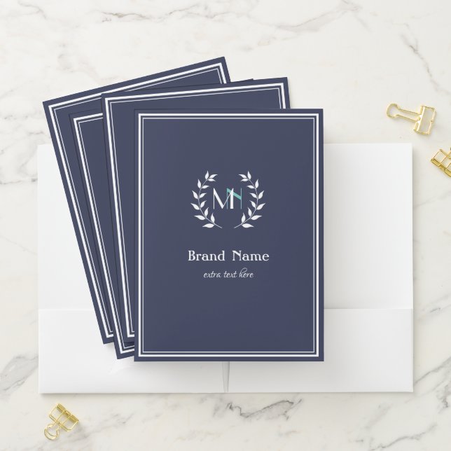 Monogram Laurel Wreath Navy Blue Pocket Folder (In Situ)