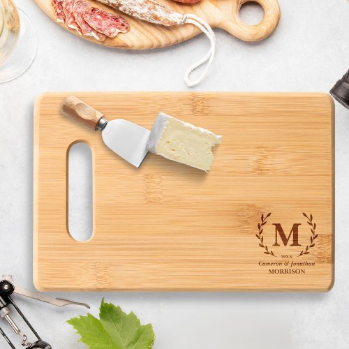 Monogram Laurel Wreath Personalized Names Text Cutting Board