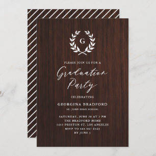 Monogram Laurel Wreath Rustic Wood Graduation Invitation