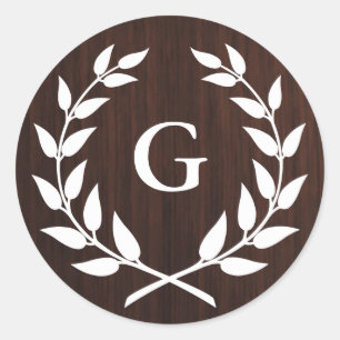 Monogram Laurel Wreath Rustic Wood Pattern Classic Round Sticker