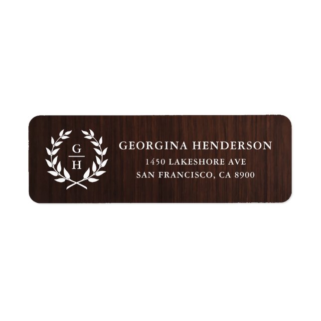 Monogram Laurel Wreath Rustic Wood Pattern Label (Front)