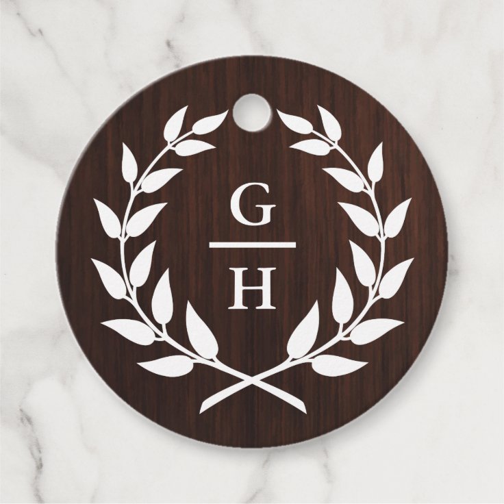 Monogram Laurel Wreath Rustic Wood Pattern Wedding Favor Tags Zazzle