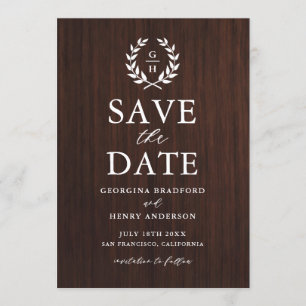 Monogram Laurel Wreath Rustic Wood Save the Date
