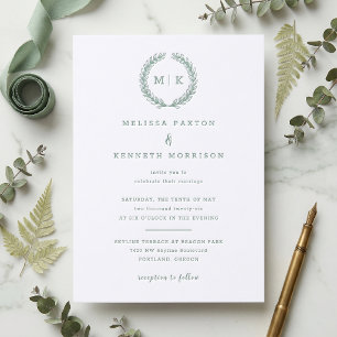 Monogram Laurel Wreath Wedding Letterpress Invitation