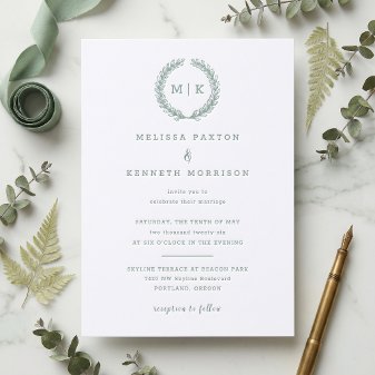Monogram Laurel Wreath Wedding Letterpress Invitation