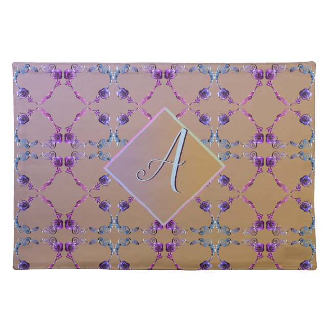 Monogram Lavender Blush Rose Hearts Cloth Placemat (Front)