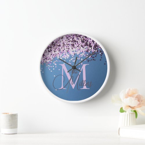 Monogram Lavender Confetti Family Name Clock