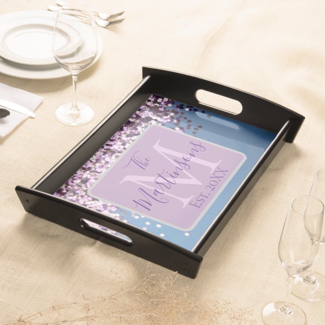 Monogram Lavender Confetti Family Name Serving Tray (Front)
