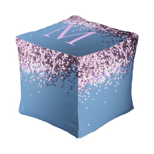 Monogram Lavender confetti on blue Pouf