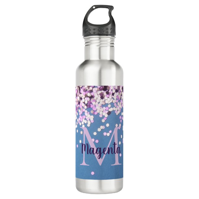 Monogram Lavender Confetti on Blue      Stainless Steel Water Bottle (Front)