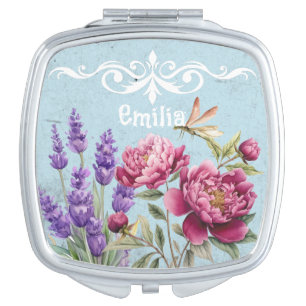 Monogram lavender garden Blue background Cute Compact Mirror