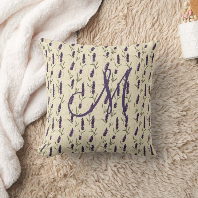 Monogram Lavender Purple Beige Botanical Floral Throw Pillow (Blanket)