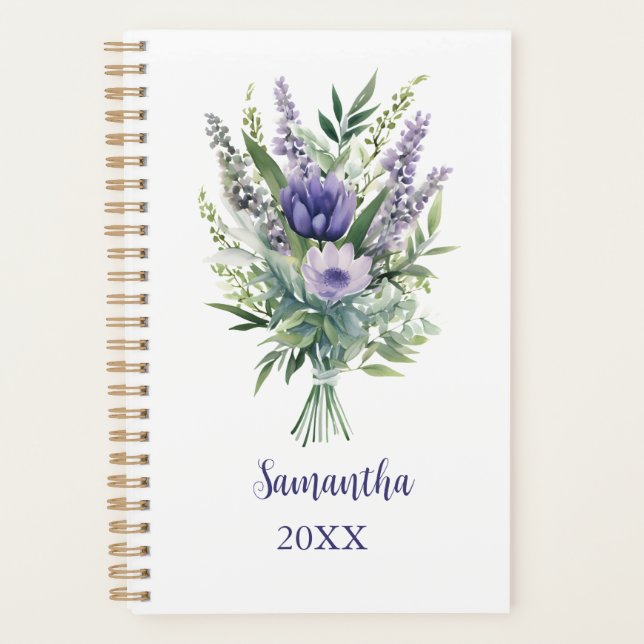 Monogram Lavender Purple Flowers Eucalyptus Yearly Planner (Front)