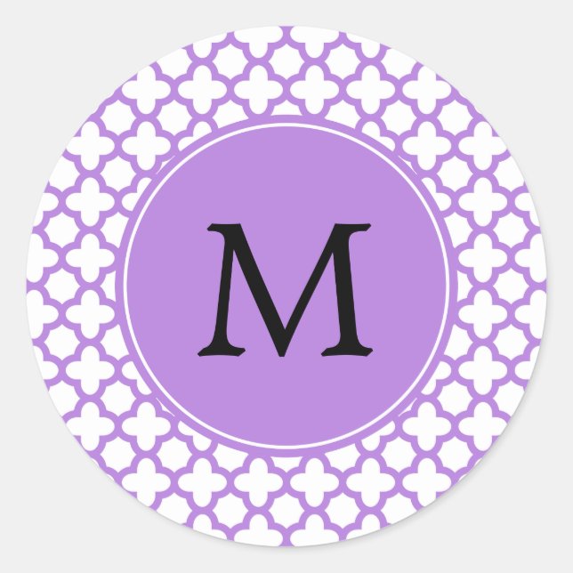 Monogram Lavender Quatrefoil Pattern Classic Round Sticker (Front)