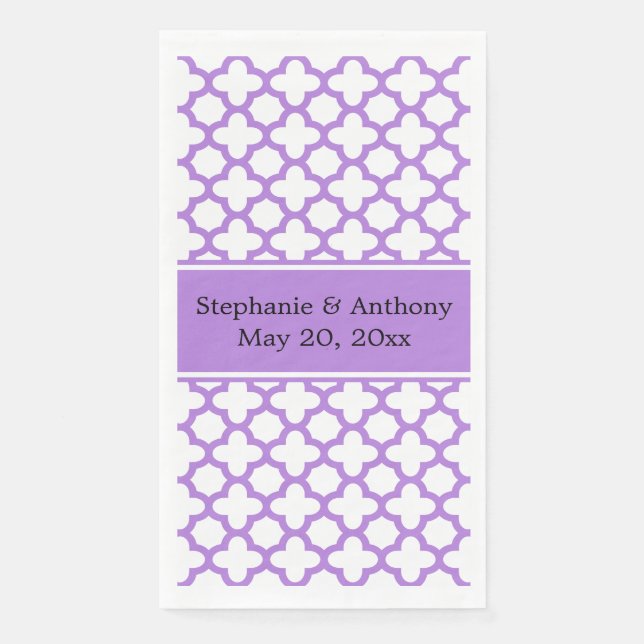 Monogram Lavender Quatrefoil Pattern Wedding Paper Guest Towels (Front)
