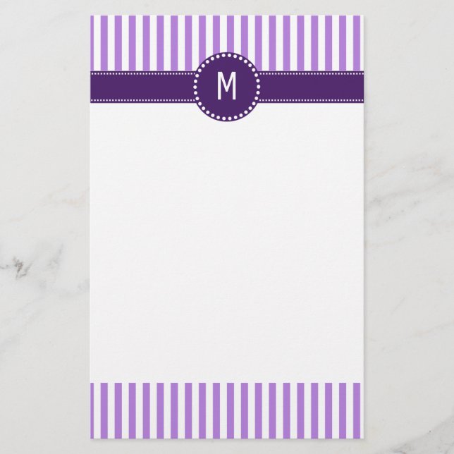 Monogram Lavender Striped Pattern Stationery (Front)