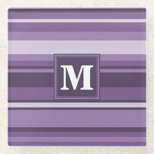 Monogram Lavender stripes Glass Coaster (Front)