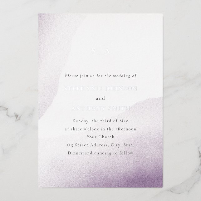 Monogram Lavender Watercolor Wash Wedding    Foil Invitation (Front)