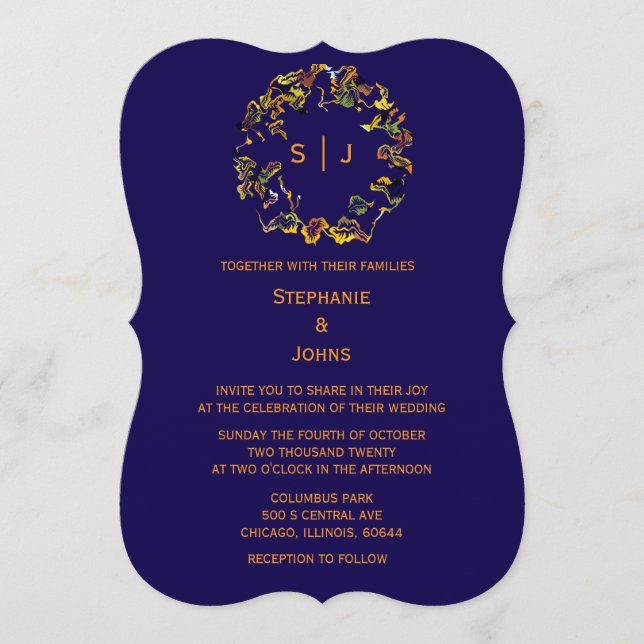 Monogram Leaf Crest Navy Blue Gold Yellow Wedding Invitation (Front)