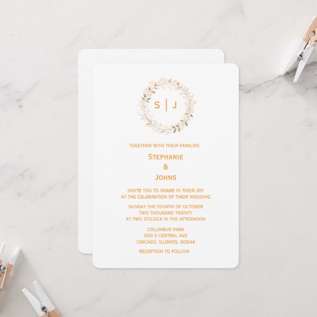 Monogram Leaf Crest Orange White Classy Wedding Invitation (Front/Back In Situ)