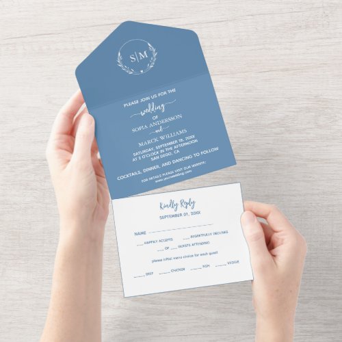 Monogram leaf dusty blue and white all in one invitation