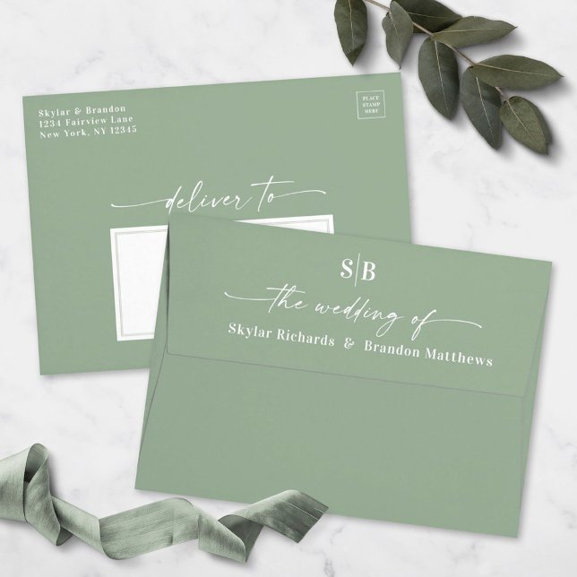 Monogram Leaf Green A7 5x7 Wedding Invitation Envelope (Creator Uploaded)