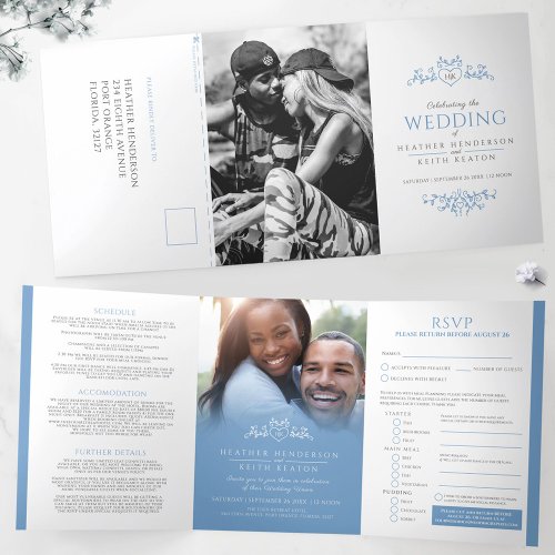 Monogram leaf heart light blue white wedding Tri_Fold invitation