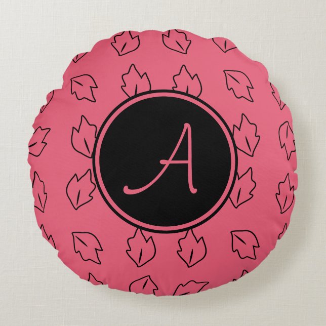 Monogram Leaf Pattern Pink Round Pillow (Front)