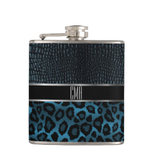 Monogram Leather and Leopard Pattern - Blue Flask