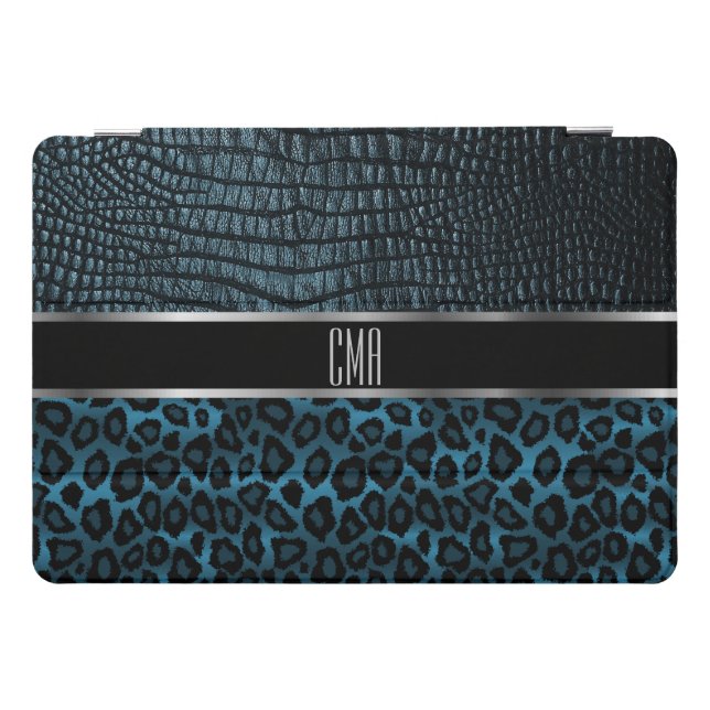 Monogram Leather and Leopard Pattern - Blue iPad Pro Cover (Horizontal)