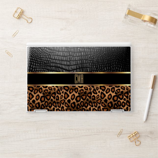 Monogram Leather and Leopard Pattern HP Laptop Skin (Desk)