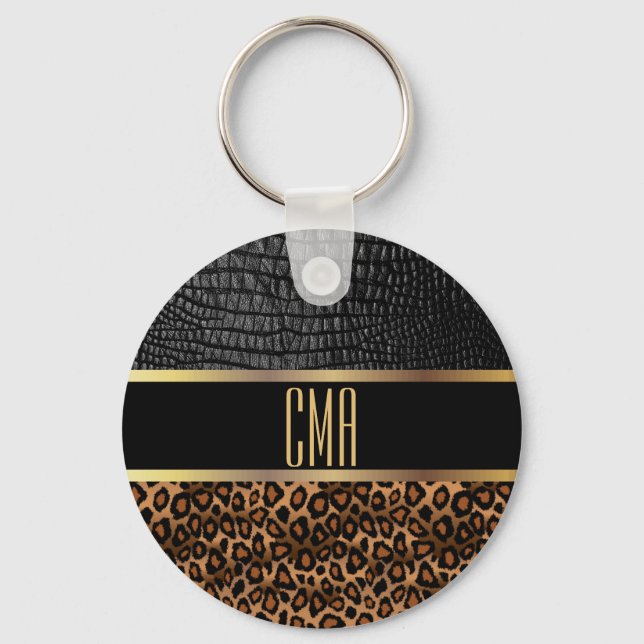 Monogram Leather and Leopard Pattern Keychain (Front)
