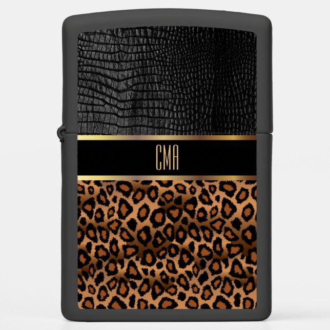 Monogram Leather and Leopard Pattern Zippo Lighter (Front)