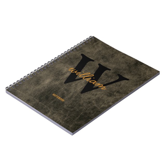 Monogram leather black gold script name chic notebook (Left Side)