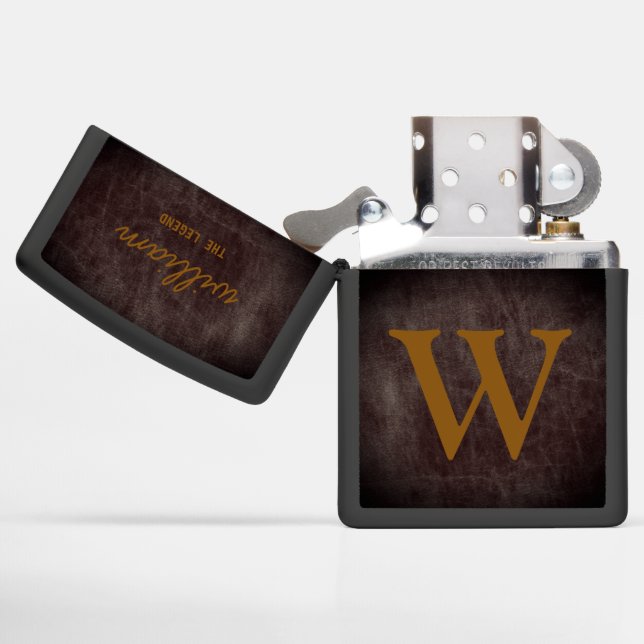 Monogram Leather Rustic Custom Name  Zippo Lighter (Opened)