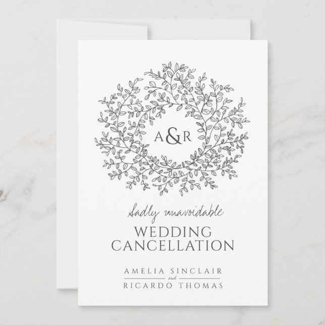Monogram leaves gray on white wedding cancellation announcement (Front)