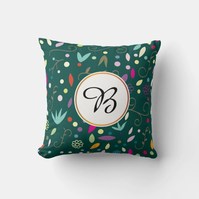 monogram & leaves patterned throw pillow (Front)