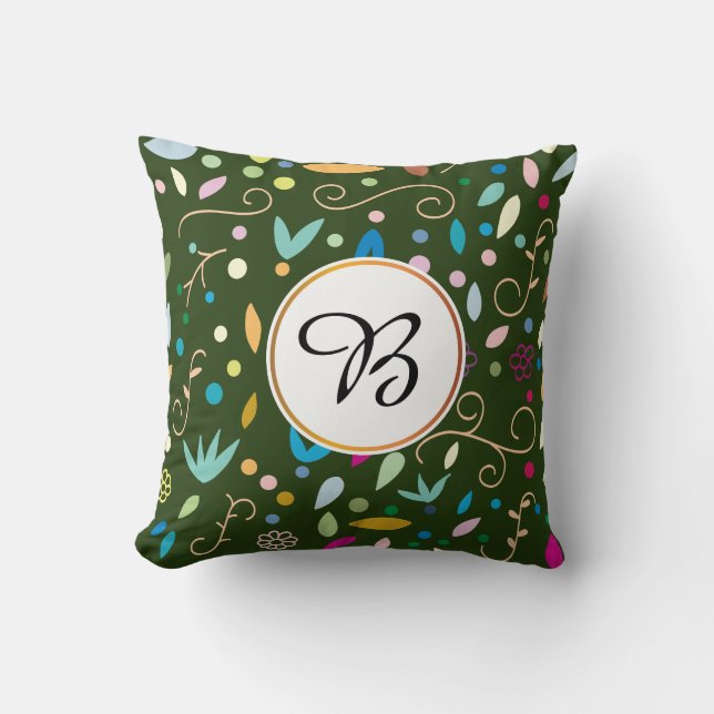 monogram & leaves patterned throw pillow (Front)