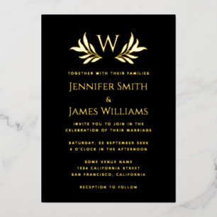 Monogram Leaves Simple Elegant Black Gold Wedding Foil Invitation
