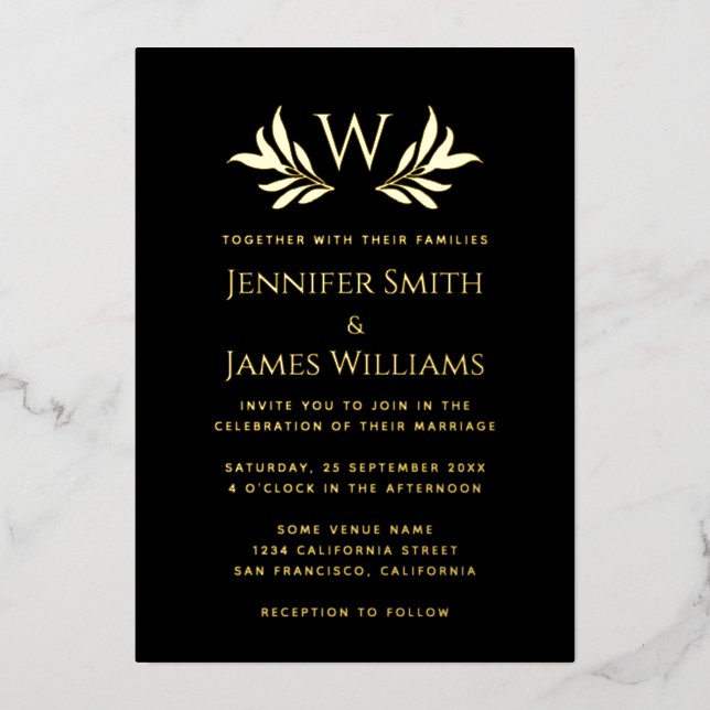 Monogram Leaves Simple Elegant Black Gold Wedding Foil Invitation (Front)