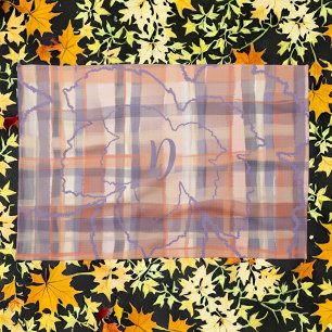 Monogram leaves tartan plaid beige orange purple kitchen towel