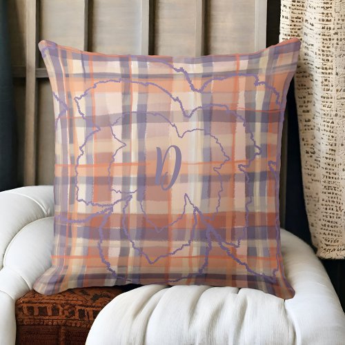 Monogram leaves tartan plaid beige orange purple throw pillow