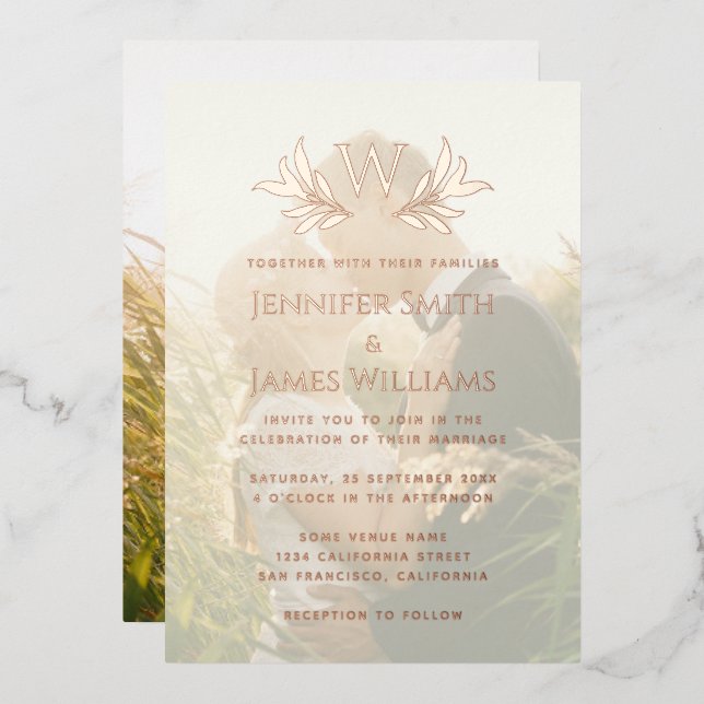 Monogram Leaves Transparent Photo Elegant Wedding  Foil Invitation (Front/Back)