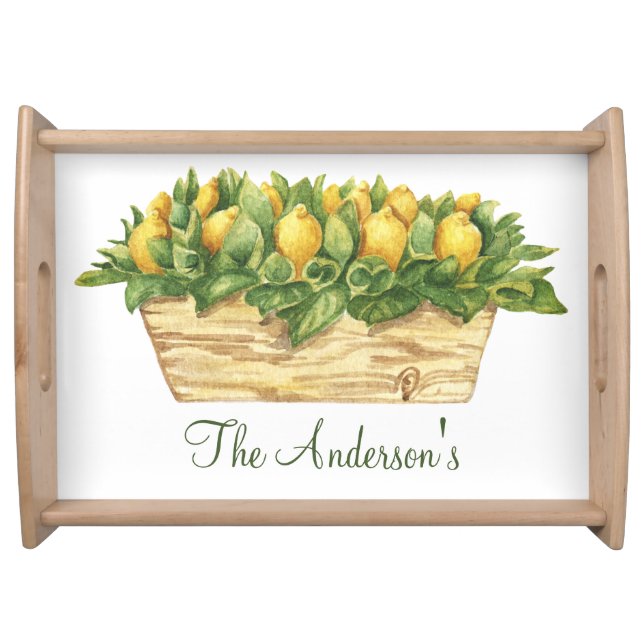 Monogram Lemon Basket Leaves Floral Gift Serving Tray (Front)