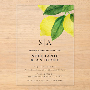 Monogram Lemon Citrus Branch Wedding Acrylic Invitations