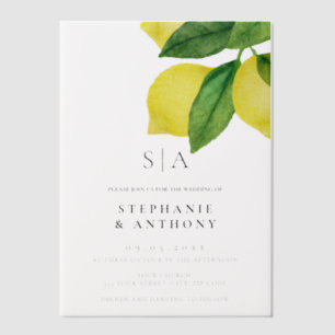 Monogram Lemon Citrus Branch Wedding Vellum Invitations